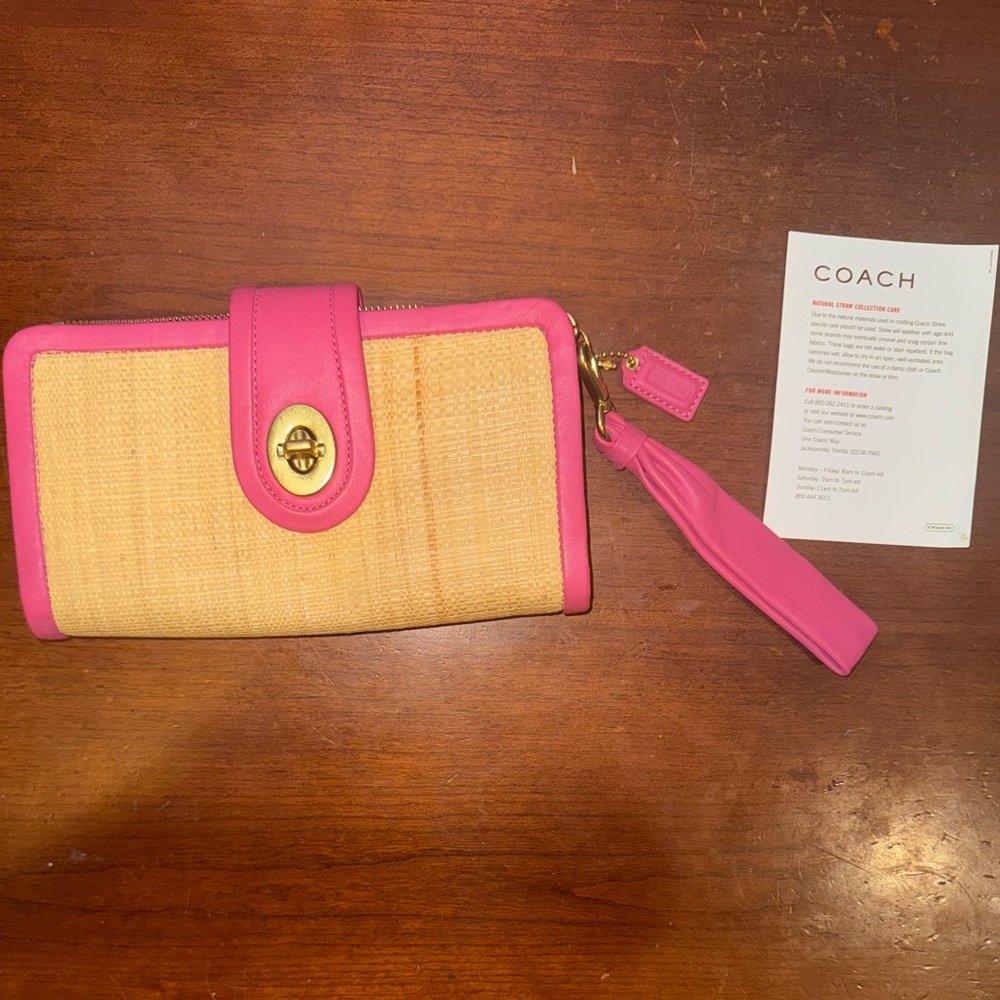 COACH Straw Collection Legacy Wallet Wristlet with Turnlock Bright Pink